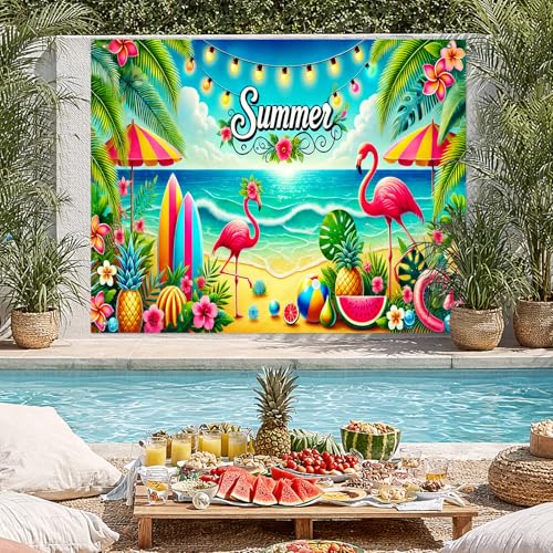 BlissYard Summer Beach Backdrop 8x6ft Flamingo Tropical Party Ocean Seaside Photo Booth Background for Birthday Pool Party Luau Event Coastal Decoration Indoor Outdoor Wall Banner - color: Summer Beach#04