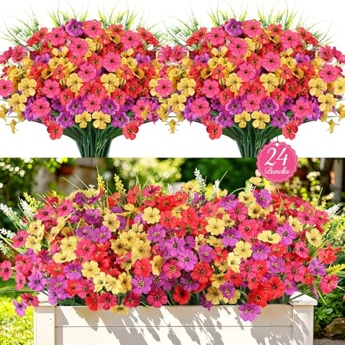 24 Bundles Realistic Fake Flowers for Outdoors, No Fade Faux Silk Flowers & Artificial Plants Lavender, for Garden Patio Porch Decor, Window Box, Hanging Basket, Planter, Grave Decorations - color: Mix Color, size: 24PCS