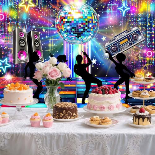 6X4ft Disco Backdrop 70s 80s 90s Theme Retro Dance Party Photography Background Neon Disco Ball Wedding Birthday Party Decoration Prom Portrait Photo Props Wall Decor Banner - color: Multi2, size: 6X4FT