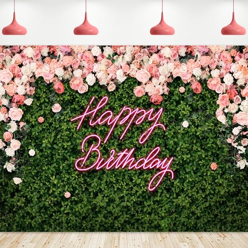 Riyidecor Green Leaves Happy Birthday Backdrop Polyester Fabric Neon Pink Floral Rose Flower Blossom Botanical Plant Nature 8Wx6H Feet Girls Women Photography Background Birthday Photo Studio Shoot - color: A-Birthday （Green Rose）, size: 8Wx6H