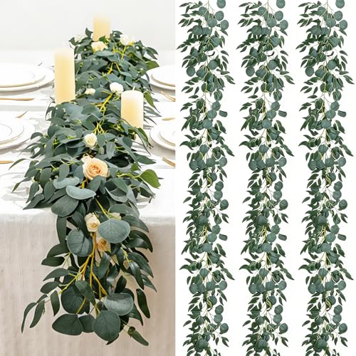 dallisten 3 Strands Artificial Vines Kit, 78" Silk Eucalyptus Ivy Garland Green Leaves Natural Odorless, Fake Greenery Hanging Plants Decoration for Home, Bedroom, Wall, Party, Wedding Decor - color: Red Blue