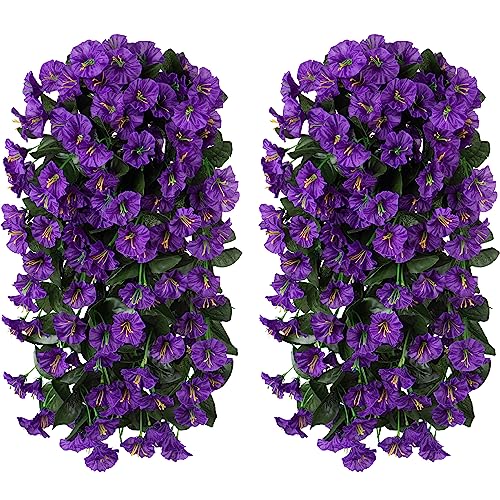 Fake Flowers for Outdoor Decoration, 2 Pcs Spring Silk Purple Morning Glory, Artificial Trailing Vines UV Resistant Realistic for Porch Patio Balcony Planter - color: Purple