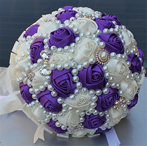 USIX Handcraft Popular Satin Rose Rhinestone Brooch Flower Pearl Bridal Holding Wedding Bouquet Wedding Flower Arrangements Bridesmaid Bouquet(Purple+Ivory) - color: Purple+ivory