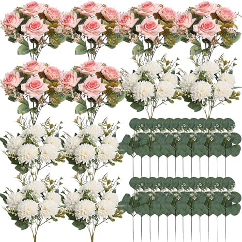 White Pink Artificial Mum Flowers 12 Bundles Silk Chrysanthemum Flowers Fake Roses with Eucalyptus, Realistic Faux Peonies for Vase Arrangement, Home Decor, Wedding Table Centerpiece - color: White Pink