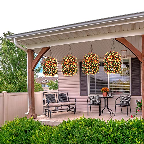 Ammyoo Artificial Flowers in Hanging Basket for Outdoors Spring Decor, Fake Mums Flowers Faux Plants with Hanging Baskets for Home Porch Garden Yard Patio Summer Decoration (Orange Yellow) - color: Orange Yellow
