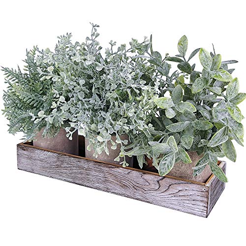 Winlyn 3 Pack Potted Plants Artificial Eucalyptus Boxwood Fern Greenery in Pots with Wood Planter Box for Farmhouse Cabinets Bath Table Bathrooms Mantle