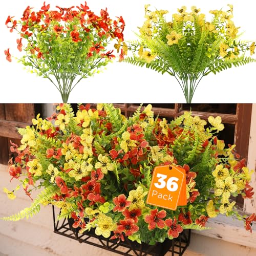 Artificial Fall Flowers for Outdoors UV Resistant,36pcs Faux Mums Flowers Realistic Fake Fall Flowers for Outside Planter Orange＆Yellow Artificial Autum Plants for Porch Window Hanging Wedding - color: Orange ＆yellow(green Leaves), size: 36 pcs