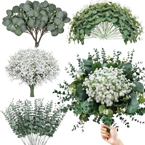HUAHUA Mixed Artificial Eucalyptus Leaves Stems Bulk,Fake Greenery Plants Faux Silver Dollar Eucalyptus Leaves for DIY Bouquets Centerpiece Floral Arrangement Home Wedding Decor (120, Green/White) - color: Green/White