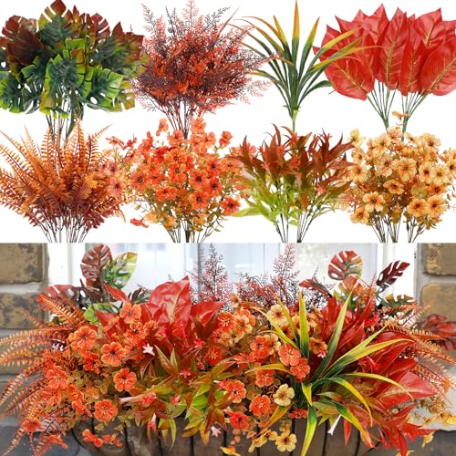 20 Bundles Artificial Fall Flowers for Outdoor Decoration, Fake Plants Faux Mums Flowers UV Resistant Daisy Boston Fern Fall Stems for Autumn Planters Window Box Garden Porch Indoor Home Decor - color: Orange Red