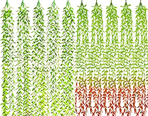 Artificial Vines, Hanging Ivy 10 Pack (Green 5Pcs Red 5Pcs) Fake Weeping Willow Greenery Leaves Plastic Plants Faux Garland Vine for Indoor Outdoor Wall Baskets Wedding Party Decoration - color: Vines/ Green 5pcs & Red 5pcs