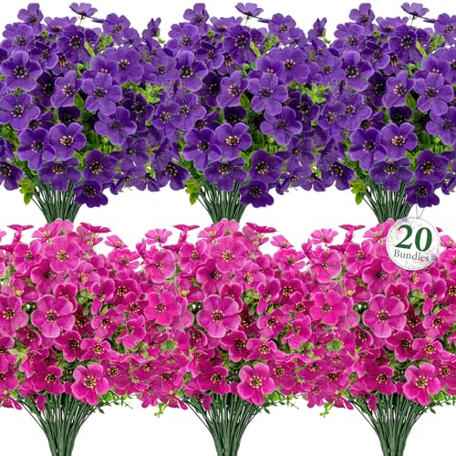 20 Bundles Artificial Flowers for Outdoors, Fake Violet Flowers Silk Realistic UV Resistant Faux Artificial Plants Outdoors for Window Box Garden Patio Front Porch Home Indoor Outside Decorations - color: Purple Fuchsia