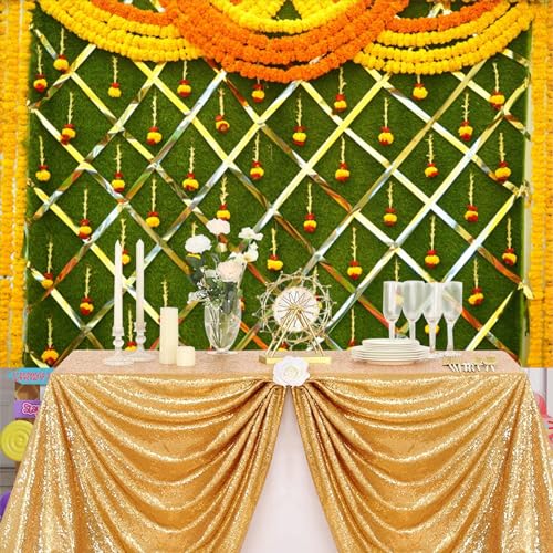 10x8ft India Pooja Photography Backdrop Yellow Flower Green Flower Wall Hindu Photography Background Indian Wedding Puja Ganpati Pooja Traditional Mehndi Festival for Kids Adult Studio Video - size: 10x8ft