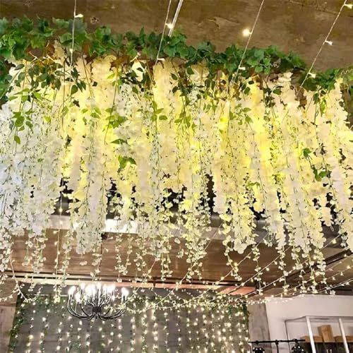 Wisteria Hanging Flowers, 24 Pack Artificial Wisteria Vines Fake Garland Silk Flower String for Wedding Party Garden Outdoor Greenery Home Wall Decoration (24pcs White) - color: 24pcs White