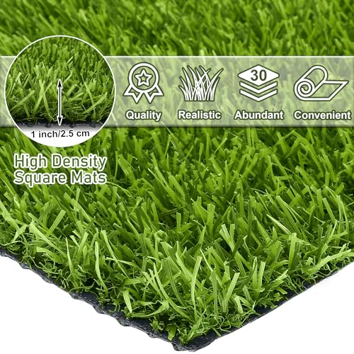 TURSTIN 30 Pieces Artificial Grass Mat 12 x 12 Inch Fake Grass Square Mat Synthetic Turf Patch Tiles with Drainage Holes Realistic Grass Rug for DIY Crafts Patio Indoor Outdoor Decor, Grass Green