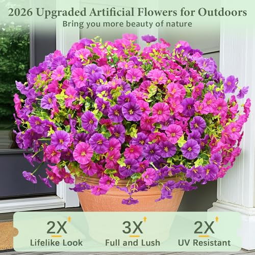 Artificial Flowers for Outdoors, 14 Bundles Fake Outdoor Flowers, UV Resistant Artificial Outdoor Plants & Flowers for Decoration, Colorful Morning Glory for Garden Porch Yard Patio, Purple & Fuchsia - color: Purple & Fuchsia, size: 14 Bundles