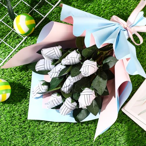 Suhine 12 Pcs Artificial Volleyball Rose Flowers Sports Party Favors Bulk for Birthday Graduation Wedding Party Decoration Table Centerpieces Mom Team Coach Senior Night Gift(Volleyball Color, Normal) - color: Volleyball Color, size: Normal