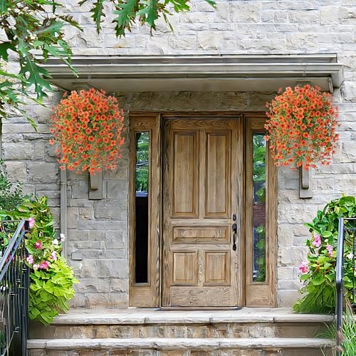 HyeFlora Artificial Hanging Flowers Basket for Outdoor, Fake Spring Flowers, UV Resistant & No Fading, Faux Plants, Realistic Indoor Decoration for Yard Gardens Porch Patio Planter (Orange) - color: Orange