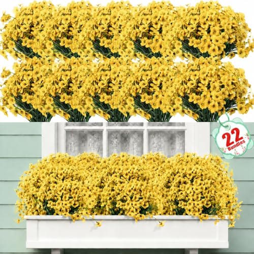 22 Bundles Artificial Flowers Outdoor, Faux Flowers UV Resistant with Plastic Plants, Faux Silk Flowers for Outdoors Outside Front Porch Hanging Planter Window Box Garden Decoration - color: Yellow, size: 22 Bundles