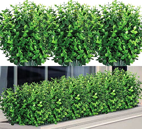 Ouddy Decor 8 Bundles Artificial Greenery Stems Fake Plants Outdoor UV Resistant Faux Plastic Boxwood for Kitchen Office Garden Porch Farmhouse Window Box Home Decor - size: 8 Pcs