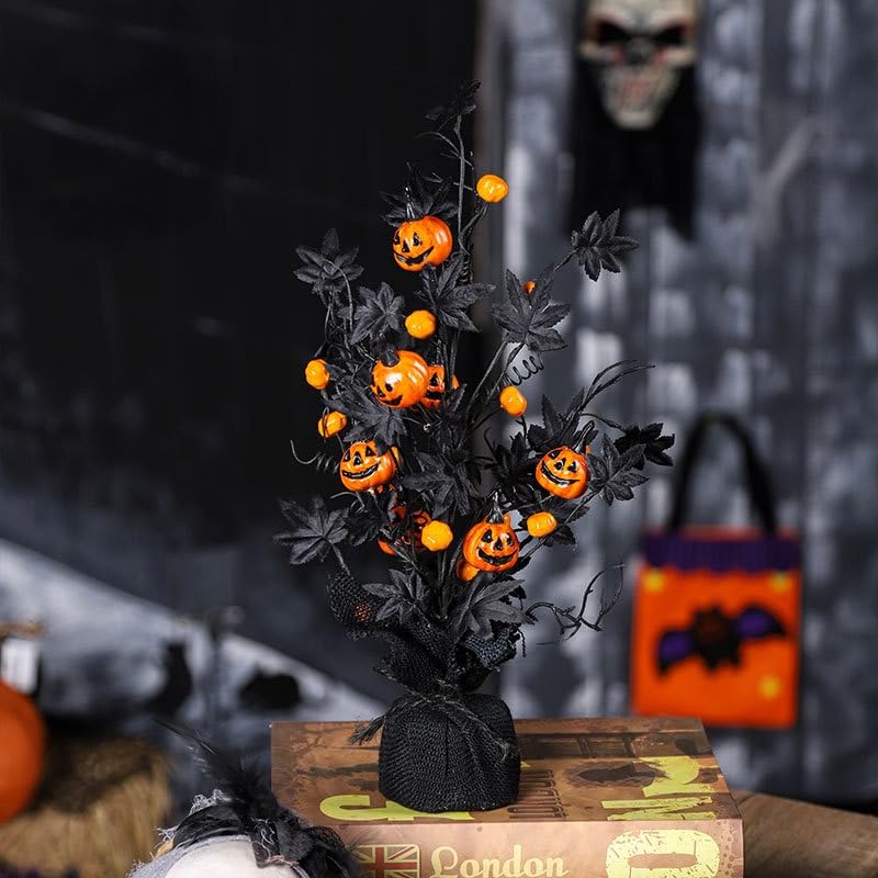 Boxalls Halloween Flowers Decorations Indoor, Artificial Pumpkin Maple Leaf Floral Stems Sets with Base 17.5 Inch Table Freestanding, Fake Branches Plants Arrangements Picks for Home Party Decor