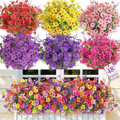 SHareconn 48 Bundles Artificial Flowers for Outdoors Decoration, Faux Plants Fake Silk Colorful Daisy Eucalyptus Lavender, UV Resistant for Outside Home Porch Indoor Spring Decor, 6 Colors incl. Red - color: Redrosypurpledeeppurpleyellowpink