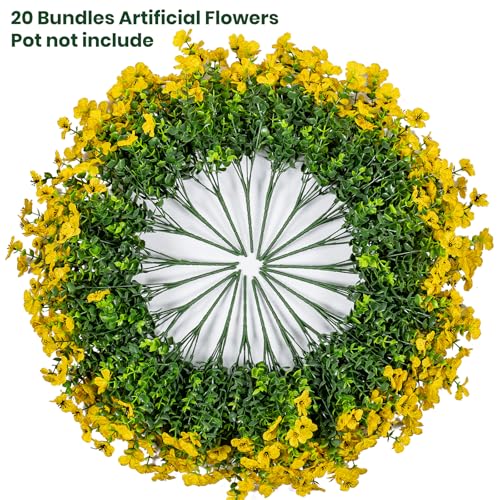 Lnoicy 20 Bundles Artificial Flowers for Outdoor Fake Plants for Spring Decoration,Faux Eucalyptus Flowers for Planter UV Resistant Lifelike for Home Porch Garden（Yellow） - color: Yellow