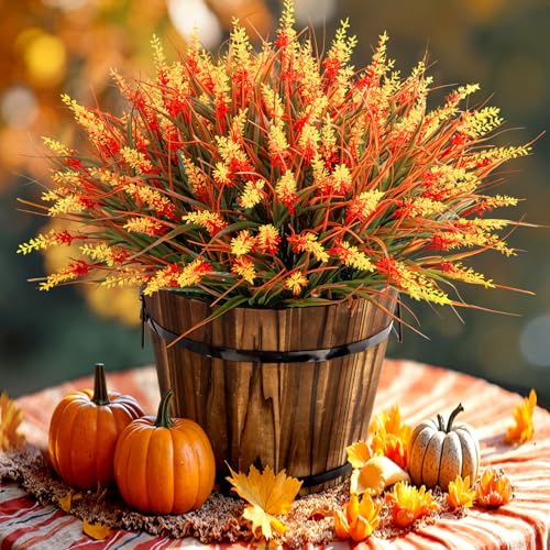 Artificial Fall Flowers for Outdoors, 24 Bundles Lavender Fake Mums Plants UV Resistant Plastic Faux Flowers with Monkey Grass for Home Porch Garden Planters Window Box Autumn Thanksgiving Decorations - color: Orange, size: 24 Bundles