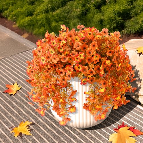 INQCMY Artificial Fall Flowers for Outdoors Realistic Faux Autumn Hanging Plants 2Pcs Fake Mums Fake Flowers for Porch Patio Outdoor Decor Home Decor UV Resistant (Orange Sunset Red) - color: Red Orange