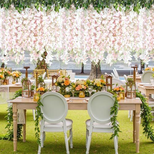 48Pcs Artificial Wisteria Hanging Flowers, 3.6Ft/Pcs White & Pink Fake Wisteria Garland for Wedding Party Home Garden Indoor Outdoor Decoration - color: White & Pink, size: 48Pcs