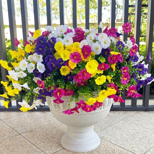 16 Bundles Artificial Flowers for Outdoor Spring Summer Decoration,Realistic Fake Silk Flowers Colorful Morning Glory UV Resistant Faux Plants for Front Door Porch Patio Planter Yard (Multi-Color) - color: Multi-color