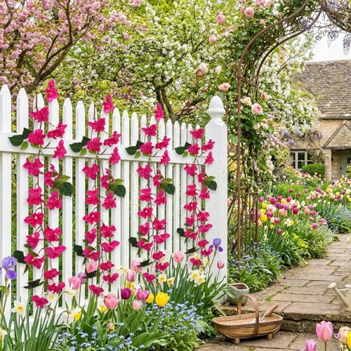 Bougainvillea Artificial Flowers Garlands, 3.94ft 2PCS Detachable UV Resistant Faux Bougainvillea Hanging Flowers Vines for Outdoor Patio Garden Decor(Fuchsia) - color: Fuchsia
