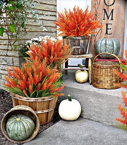 RECUTMS 12Pcs Spring Fake Fall Flowers Outside,Artificial Plants Outdoor, UV Resistant Faux Monkey Grass Greenery Stems Faux Plastic Flowers Shrubs for Weddings Garden Porch Front Patio Decor(Orange) - color: Orange