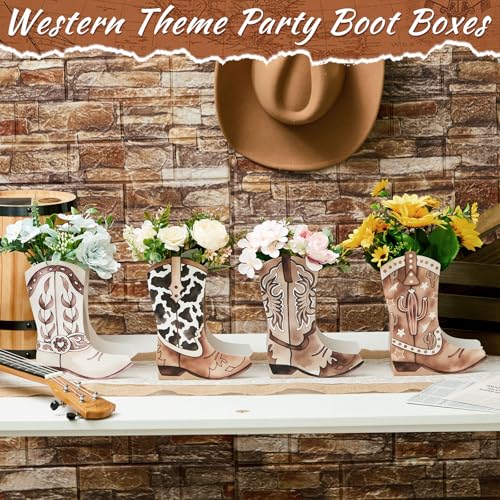 12 Set Western Boots Flower Boxes Centerpiece Boot Shape Gift Boxes Party Decoration Vase Centerpieces for Tables Boots Rodeo Birthday Baby Shower Supplies (Western,Cowboy Cow) - color: Cowboy Cow, style: Western