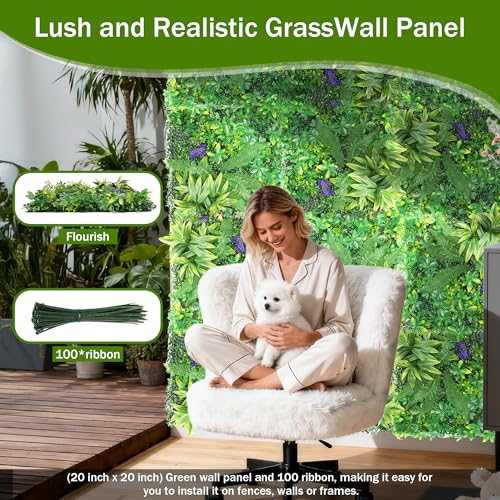 12 Pack 20"x20" Grass Wall Panels - Artificial Boxwood Panels for Greenery Wall Backdrop, Faux Greenery for Indoor Outdoor Decor, Garden Fence, Wedding, Privacy Screen, 33 Sq. Ft. Coverage - color: 12pcs-with Flower, size: 20''*20''-with Flower