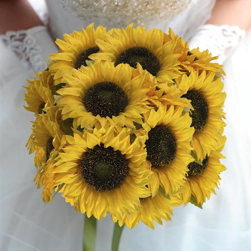 12PCS Sunflowers Artificial Flowers Silk Flower with Plastic Soft Rod Stems Yellow Sunflower Bridal Wedding Bouquet Decorations for Home Wedding Party Birthday Bulk Dark Center Single