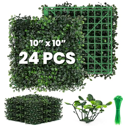Grass Wall 24 Pack 10"x10" Artificial Boxwood Hedge Wall Panels, Privacy Hedge Screen Faux Boxwood for Outdoor,Indoor,Garden,Fence,Backyard,Greenery Walls - size: 10"X10" 24P