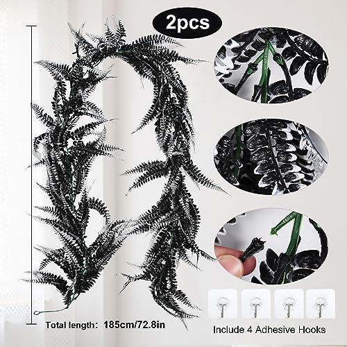 RECUTMS 2pcs Black Garland Artificial Boston Palnts 6 FT Fern Garland Faux Hanging Greenery Halloween Wreath for Outdoor Indoor Halloween Decor (Black White) - color: Black White-fern2pcs