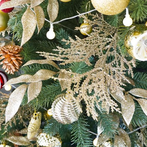 Winlyn 15 Pcs Christmas Artificial Cedar Sprays Champagne Glittered Faux Cedar Branches Stems Christmas Tree Ornament Picks 14.4" for Christmas Tree Wreath Wedding Bouquet Holiday Centerpiece - color: Champagne
