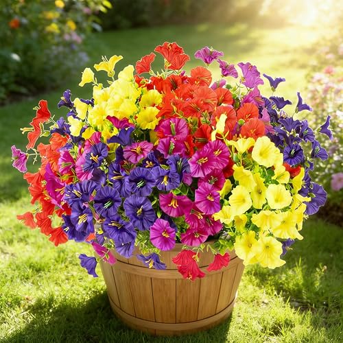 BSGlobal 12 Bundles Artificial Flowers for Outdoors Decoration, Fake Silk Morning Glory Flowers UV Resistant Faux Eucalyptus Plants for Home Garden Balcony Yard Porch(Mix) - color: 4 Mixed Colors(3 Fuchsia/3 Purple/3 Yellow/3 Red)