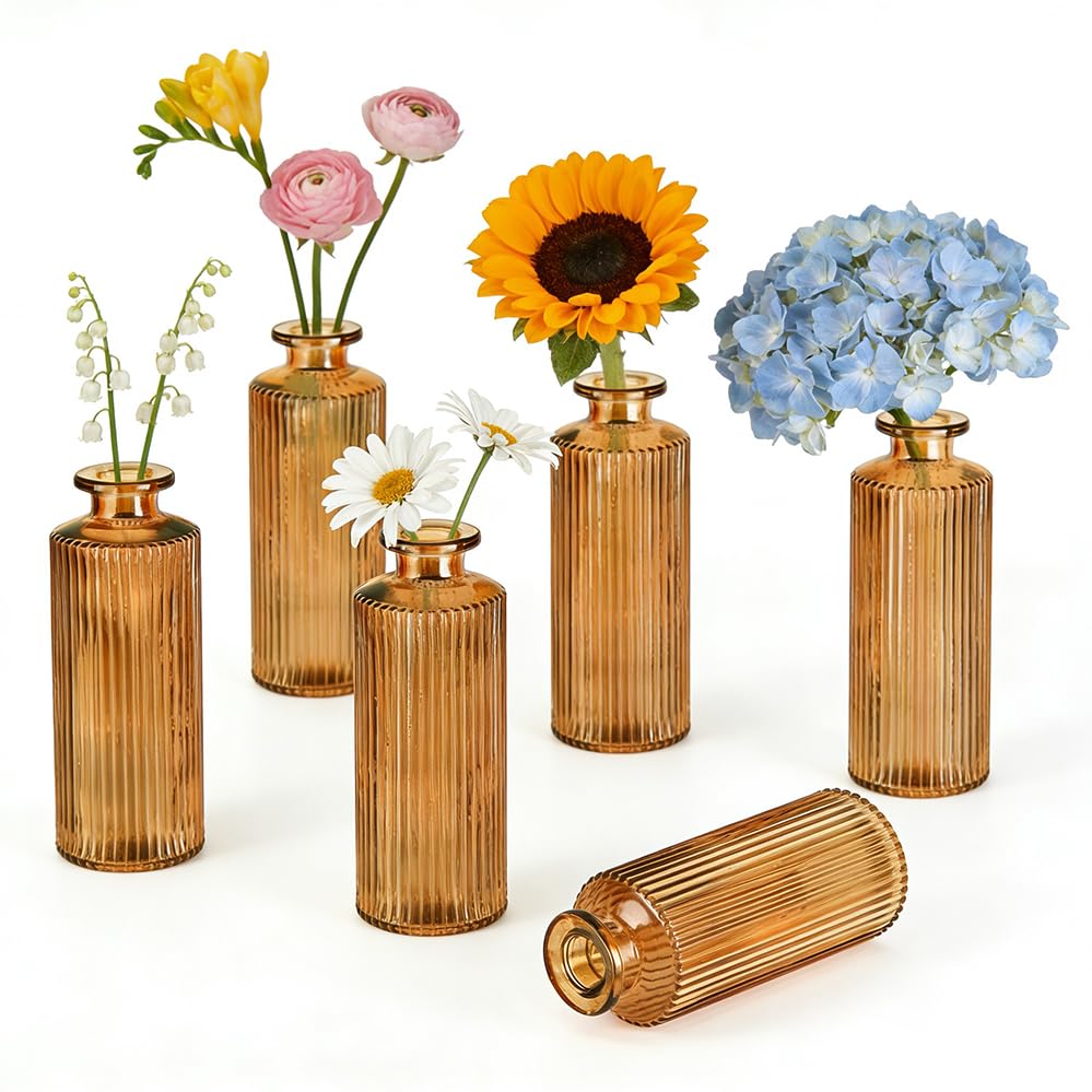 6 Pack Glass Bud Vase Set, Small Flower Vase Set Bud Vases for Wedding Centerpiece Table Decor, Vintage Small Vases for Room Home Dining Party Table Center Decor (Amber Set, 6 Pack) - color: Amber Set, size: 6 Pack