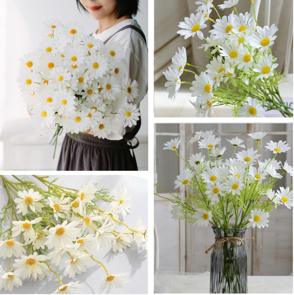 Artificial Flowers 8 Bundles 20” White Artificial Daisy Flowers UV Resistant Outdoor Fake Wildflowers with Stems Faux Greenery Shrubs Plants Arrangements for Home Garden Vase Decor