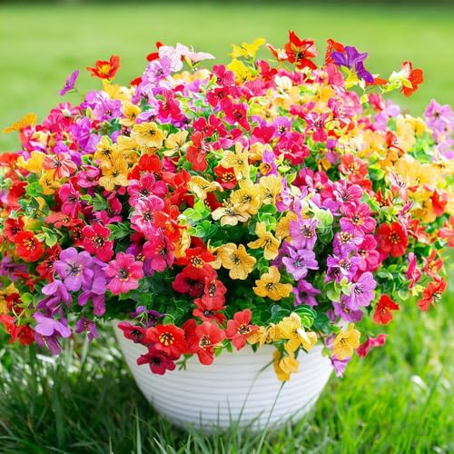 12 Bundles Artificial Flowers for Outdoor UV Resistant and Realistic, Faux Daisy Fake Flowers with Eucalyptus Leaves for Porch, Patio, Planter, Window Box, Home, Garden Decor - color: Pink Red Purple Yellow