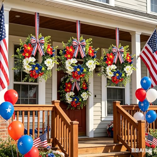 6 Pcs Small 4th of July Hanging Wreaths for Cabinets with Red Blue White Daisy Blooms Artificial Mini Independence Day Candle Holder Wreath with Eucalyptus for Patriotic Memorial Day Porch Front Door - color: Patriotic-7