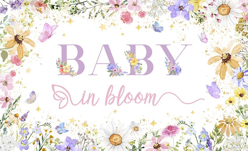 MEHOFOND Wildflower Baby in Bloom Backdrop for Girl Wildflower Baby in Bloom Decorations Banner Watercolor Golden Dots Butterfly Spring Floral Baby Shower Party Supplies Photography Background 8x6ft - size: 8x6ft