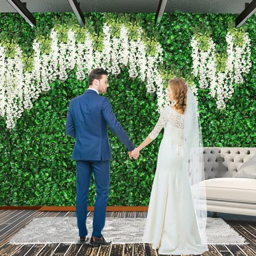 54 Pack Greenery Backdrop with Flowers Include 18 Pcs 16" x 24" Grass Wall Panels Artificial Hedge Boxwood Panels 36 Pcs 3.6 Feet Wisteria Hanging Flowers Garland for Wedding Summer(White) - color: White