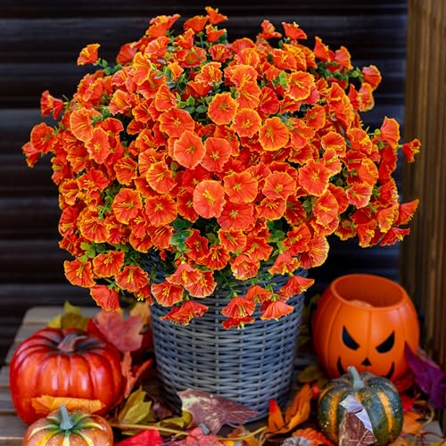 AXYLEX Artificial Fall Flowers Outdoor Fake Mums - 16 Bundles Fake Plants UV Resistant No Fade Faux Plastic Greenery Garden Morning Glory Home Decor (1, Orange) - color: Orange