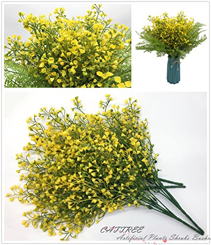 CATTREE Artificial Shrubs Bushes, Plastic Fake Plants Wedding Indoor Outdoor Home Garden Verandah Kitchen Office Table Centerpieces Arrangements Christmas Decoration Yellow 4 pcs - color: Bell Leaves-yellow-4 Pcs