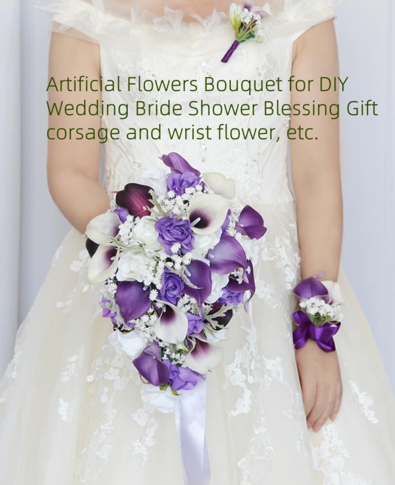 15pcs Artificial Flower Calla Lilies with Babys Breath 14" Mix Purple Flowers Bulk, Real Touch Plastic Flower for Wedding Bridal Bouquet Centerpiece,Spring Mother's Day Easter Home Decor