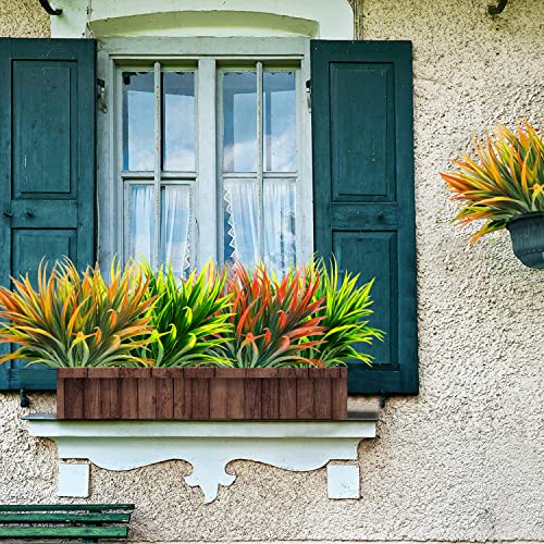 8 Pcs Outdoor Fake Plants UV Resistant Artificial Tall Grass Plants Faux Tropical Flowers Bushes Fall Winter Summer Planters Yard Patio Front Porch Décor Plastic Greenery Shrubs Decoration - color: Yellow Grass Plant, size: 8pcs