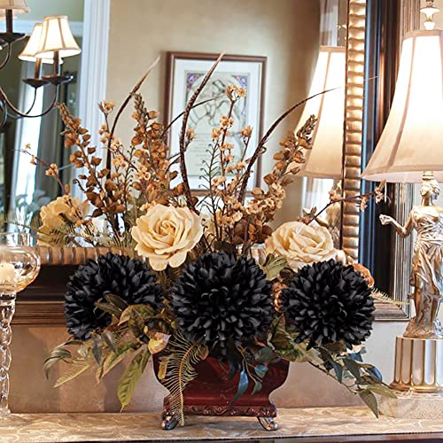 Briful Autumn Artificial Chrysanthemums Ball Flowers 6’’ Large Heads Mums Stems Black Fake Hydrangea Flowers Bouquet for Home Halloween Wedding Fall Decorations, Set of 4 - color: 6'' Dia. 4pcs Black